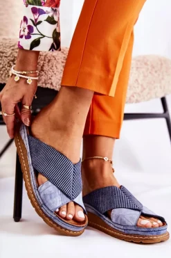 Damskie Maciejka Skórzane Profilowane Klapki 04986-17 Niebieskie