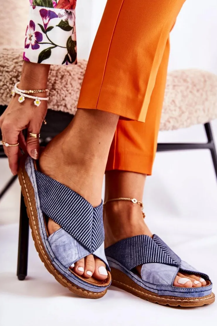 Damskie Maciejka Skórzane Profilowane Klapki 04986-17 Niebieskie