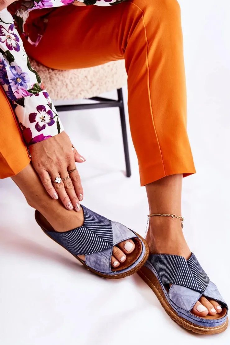 Damskie Maciejka Skórzane Profilowane Klapki 04986-17 Niebieskie