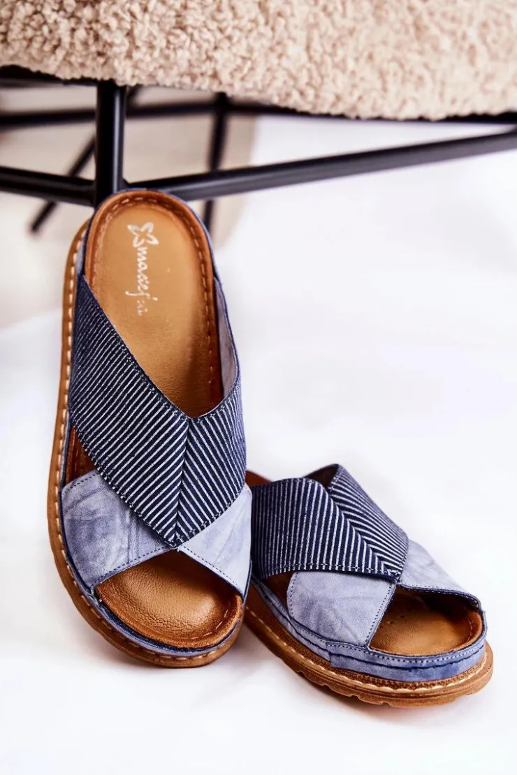 Damskie Maciejka Skórzane Profilowane Klapki 04986-17 Niebieskie