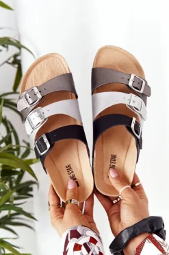 Online Big Star Shoes Skórzane Profilowane Klapki Big Star HH274588 Czarno-Srebrne