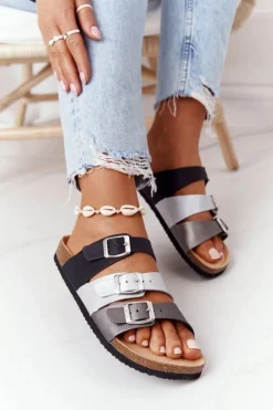 Online Big Star Shoes Skórzane Profilowane Klapki Big Star HH274588 Czarno-Srebrne