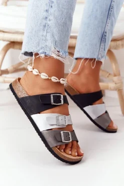 Online Big Star Shoes Skórzane Profilowane Klapki Big Star HH274588 Czarno-Srebrne