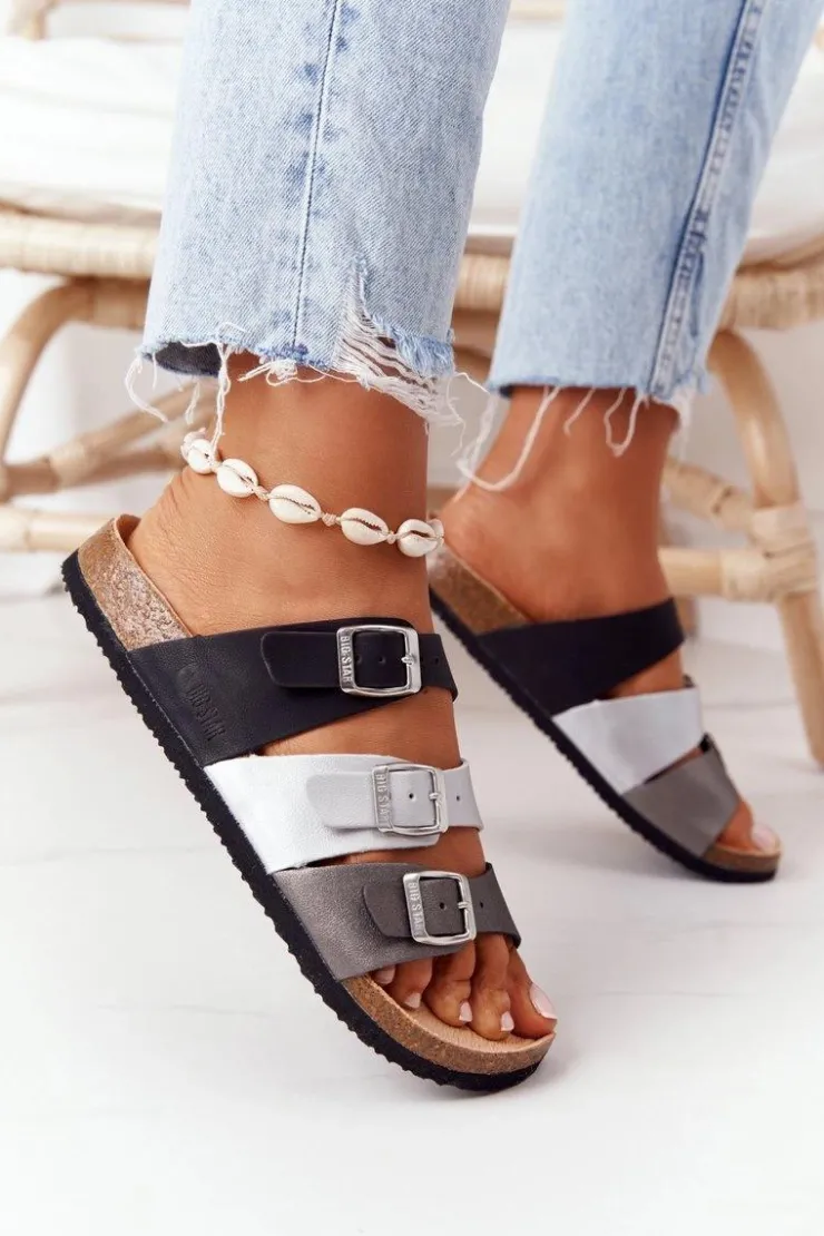 Online Big Star Shoes Skórzane Profilowane Klapki Big Star HH274588 Czarno-Srebrne