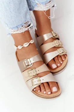 New Big Star Shoes Skórzane Profilowane Klapki Big Star HH274585 Beżowo-Złote