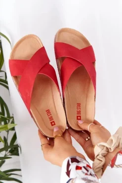 Big Star Shoes Klapki Damskie Klasyczne*Skórzane Profilowane Klapki Big Star HH274598 Czerwone