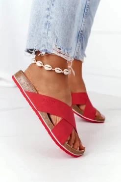 Big Star Shoes Klapki Damskie Klasyczne*Skórzane Profilowane Klapki Big Star HH274598 Czerwone