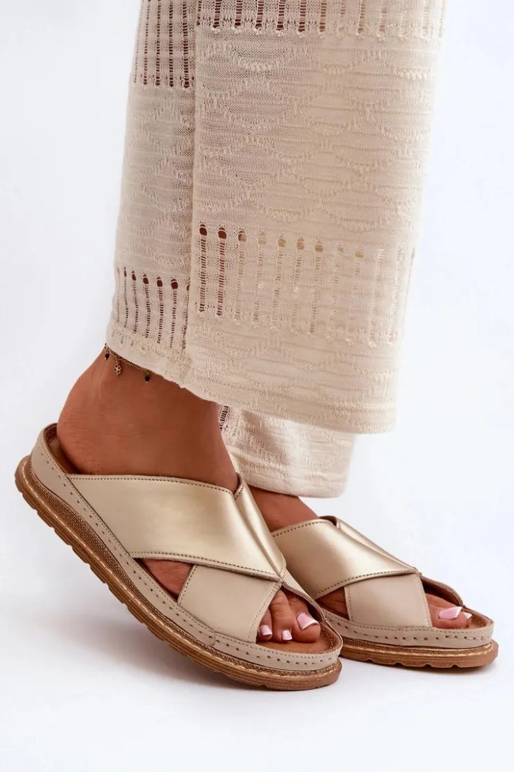 Maciejka Skórzane Profilowane Klapki 04986-04 Złoto-Beżowe