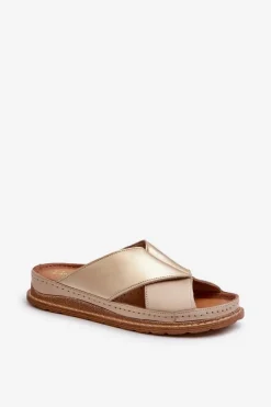 Maciejka Skórzane Profilowane Klapki 04986-04 Złoto-Beżowe