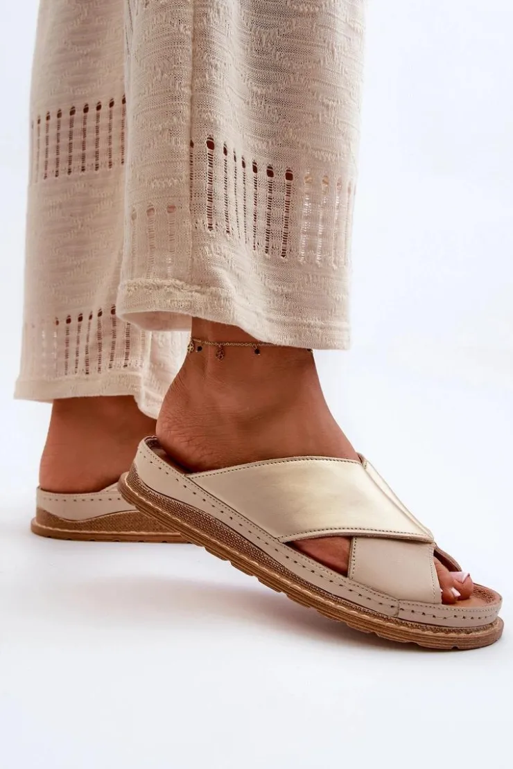 Maciejka Skórzane Profilowane Klapki 04986-04 Złoto-Beżowe