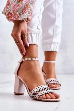 Damskie Boto Skórzane Sandałki Ażurowe Lewski 2869 Perłowy Róż