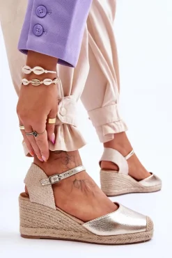 Damskie Boto Skórzane Sandałki Espadryle Na Koturnie Złote Cammer