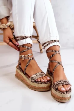 Damskie Boto Skórzane Sandałki Espadryle Na Koturnie Beżowo-Brązowe Shanny