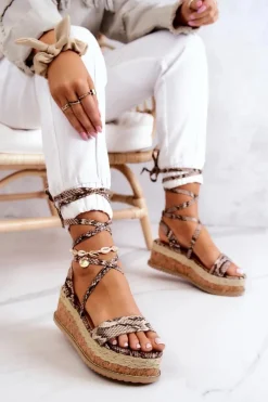 Damskie Boto Skórzane Sandałki Espadryle Na Koturnie Beżowo-Brązowe Shanny