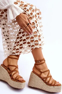 Damskie Boto Skórzane Sandałki Na Koturnie Brązowe Margaritt