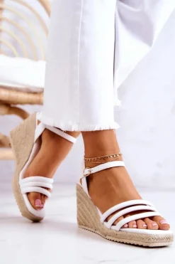 Clearance Boto Skórzane Sandałki Na Koturnie Białe Louisiana