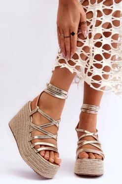 Damskie Boto Skórzane Sandałki Na Koturnie Złote Margaritt