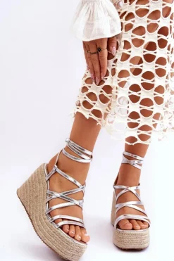 Boto Sandały Na Koturnie*Skórzane Sandałki Na Koturnie Srebrne Margaritt