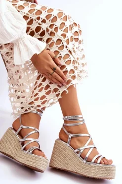 Boto Sandały Na Koturnie*Skórzane Sandałki Na Koturnie Srebrne Margaritt