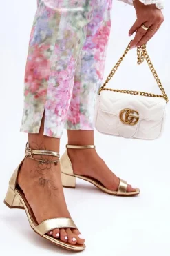 Damskie Boto Skórzane Sandałki Na Obcasie Gładkie Złote Inspire Me!