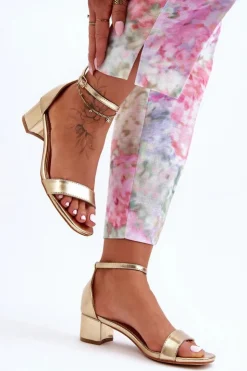 Damskie Boto Skórzane Sandałki Na Obcasie Gładkie Złote Inspire Me!