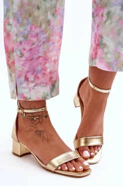 Damskie Boto Skórzane Sandałki Na Obcasie Gładkie Złote Inspire Me!