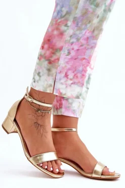 Damskie Boto Skórzane Sandałki Na Obcasie Gładkie Złote Inspire Me!