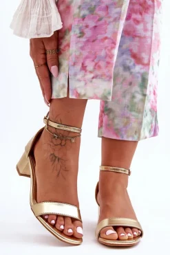 Damskie Boto Skórzane Sandałki Na Obcasie Gładkie Złote Inspire Me!