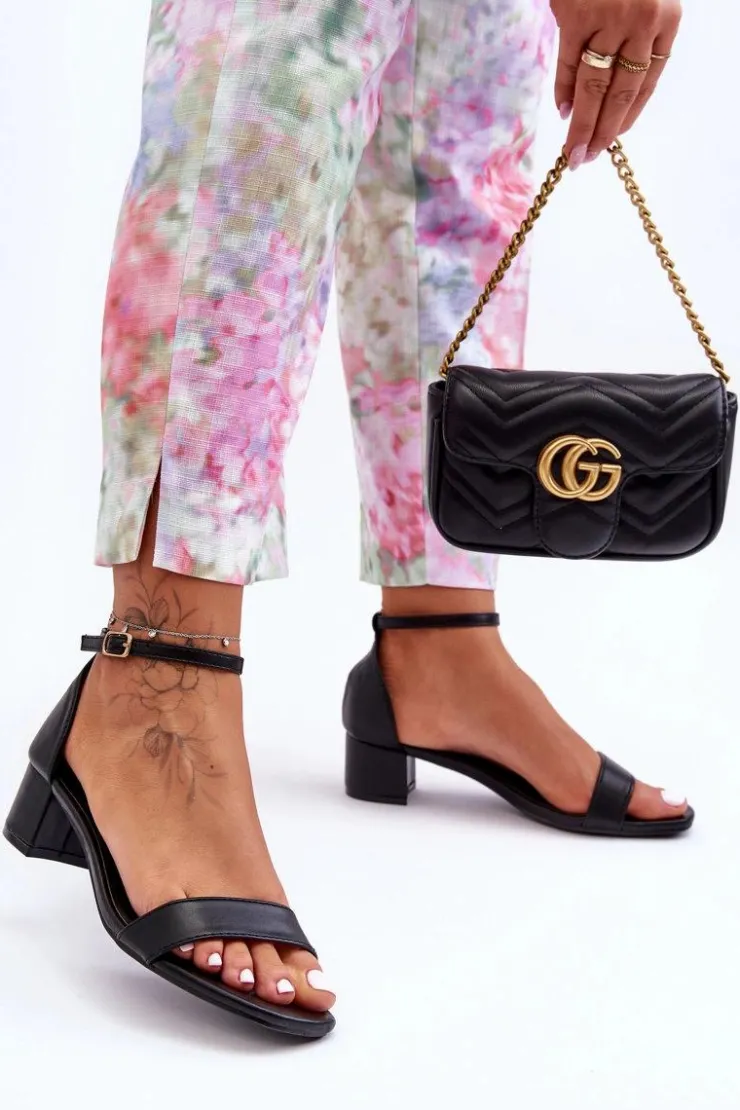 Boto Sandały Na Obcasie*Skórzane Sandałki Na Obcasie Gładkie Czarne Inspire Me!