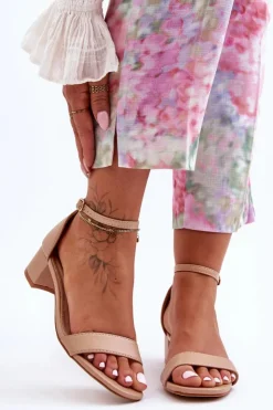 Damskie Boto Skórzane Sandałki Na Obcasie Gładkie Beżowe Inspire Me!