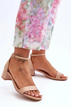 Damskie Boto Skórzane Sandałki Na Obcasie Gładkie Beżowe Inspire Me!