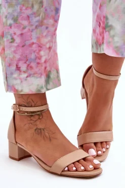 Damskie Boto Skórzane Sandałki Na Obcasie Gładkie Beżowe Inspire Me!