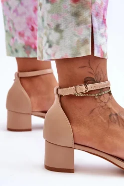 Damskie Boto Skórzane Sandałki Na Obcasie Gładkie Beżowe Inspire Me!