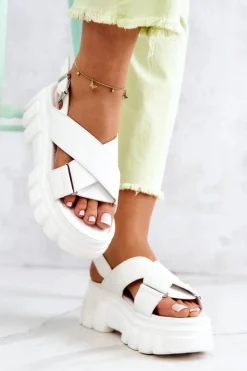 Evento Sandały Płaskie*Skórzane Sandałki Na Platformie Białe Betti