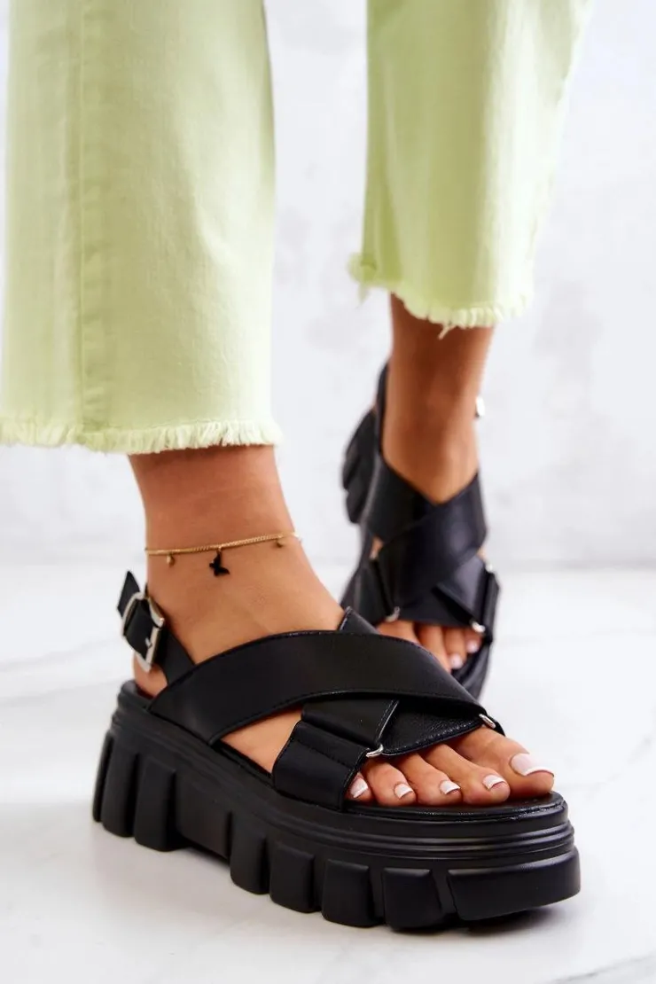 Evento Skórzane Sandałki Na Platformie Czarne Betti