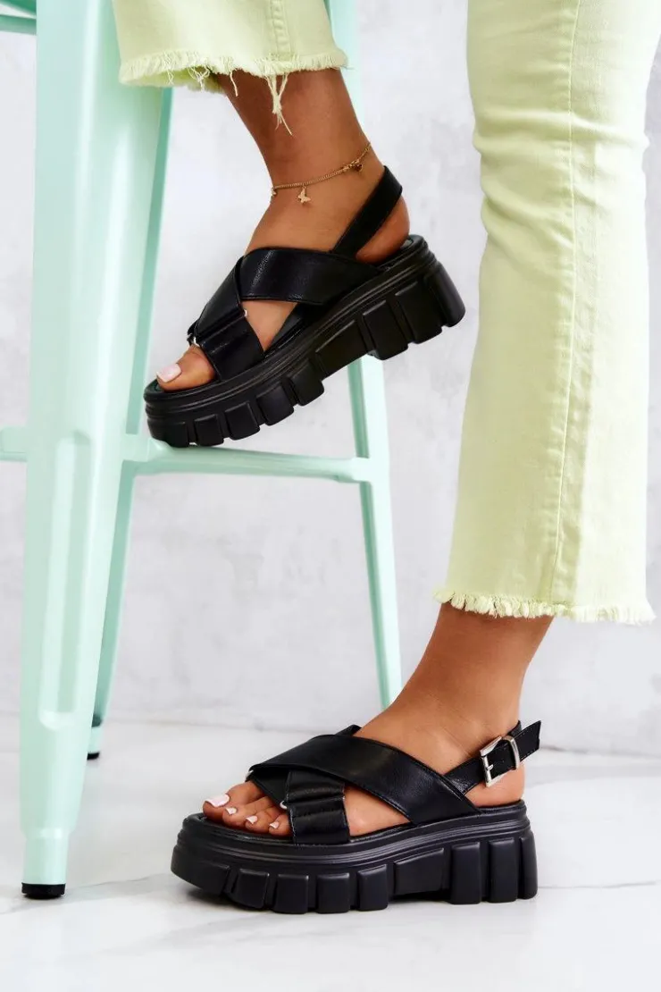 Evento Skórzane Sandałki Na Platformie Czarne Betti