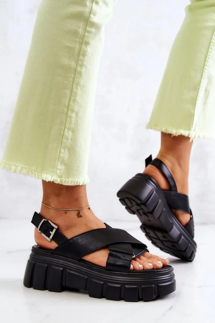 Evento Skórzane Sandałki Na Platformie Czarne Betti