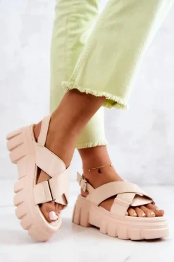 Damskie Evento Skórzane Sandałki Na Platformie Jasnobeżowe Betti