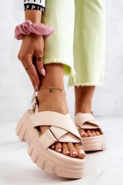 Damskie Evento Skórzane Sandałki Na Platformie Jasnobeżowe Betti