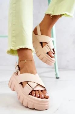 Damskie Evento Skórzane Sandałki Na Platformie Jasnobeżowe Betti