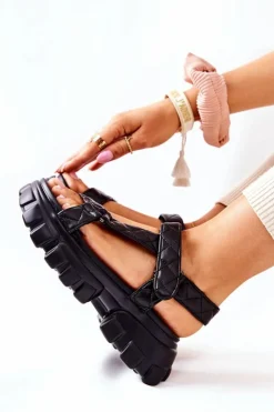 Boto Sandały Na Koturnie*Skórzane Sandałki Na Platformie Czarne Promissy