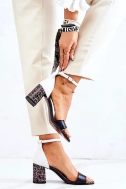 Online Boto Skórzane Sandałki Na Słupku Czarno-Białe Lorene