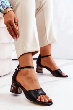 Damskie Boto Skórzane Sandałki Na Słupku Lewski 3027 Czarne