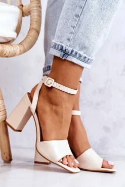Best Boto Skórzane Sandałki Na Słupku Beżowe Estrella