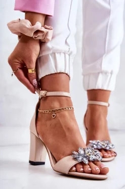 Damskie Boto Skórzane Sandałki Na Słupku Z Ozdobą Beżowe Milessa