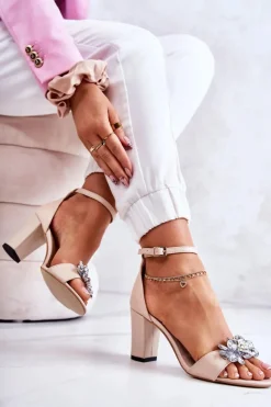 Damskie Boto Skórzane Sandałki Na Słupku Z Ozdobą Beżowe Milessa