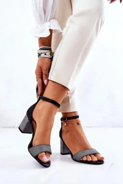 Boto Sandały Na Obcasie*Skórzane Sandałki Na Słupku Czarno-Srebrne Lorene