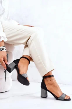 Boto Sandały Na Obcasie*Skórzane Sandałki Na Słupku Czarno-Srebrne Lorene