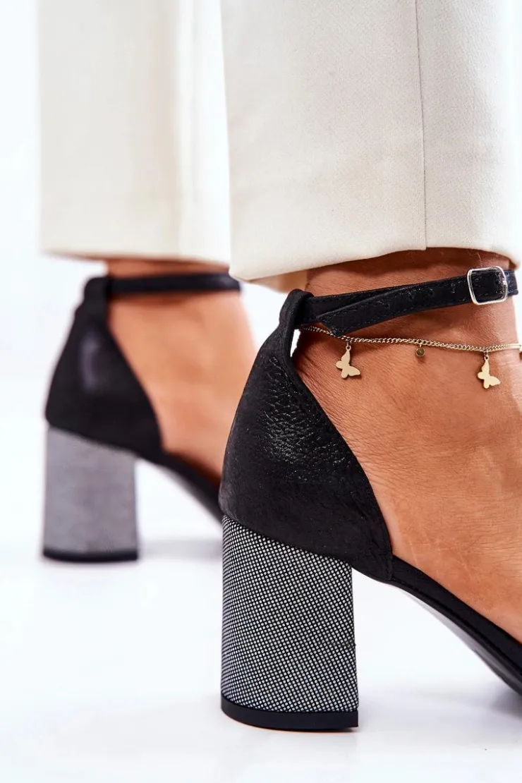 Boto Sandały Na Obcasie*Skórzane Sandałki Na Słupku Czarno-Srebrne Lorene