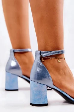 Damskie Boto Skórzane Sandałki Na Słupku Niebiesko-Białe Lorene